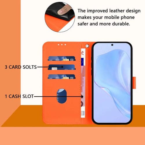 Funda de cuero con textura de piel y cordón para Motorola Moto G15 Power (naranja)