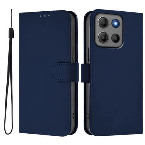 Funda de cuero con textura de piel y cordón para Motorola Moto G15 Power (azul marino)