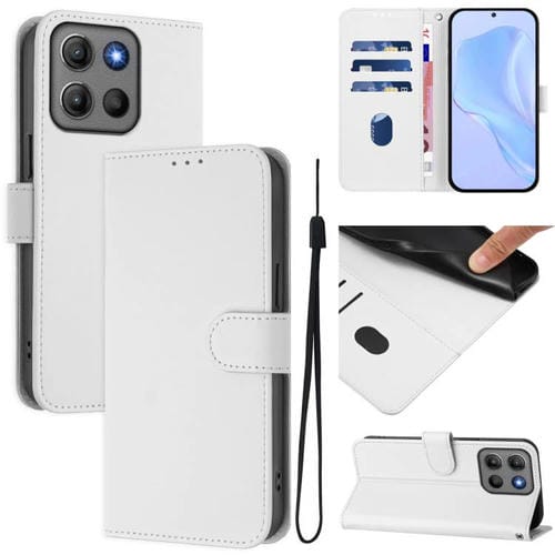 Funda de cuero con cordón para Motorola Moto G15 Power, color sólido y tacto suave (blanco)