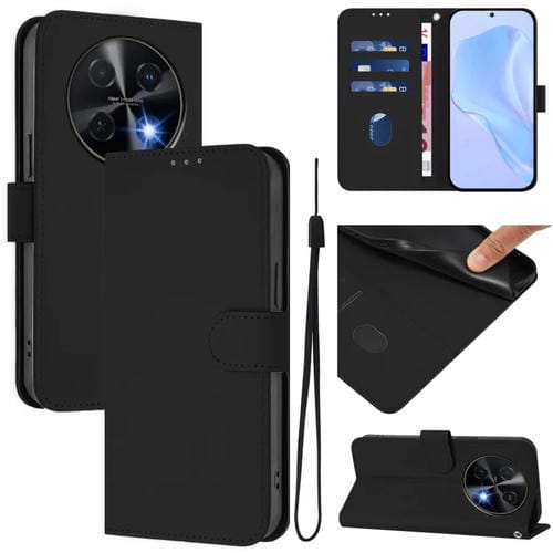 Funda de Piel Sintética con Cordón para Huawei Nova 12I 4G con Tacto de Piel (Negro)