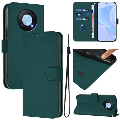 Funda de Cuero con Cordón para Huawei Enjoy 50 Pro 4G y Nova Y90 con Tacto Piel (Verde Oscuro)