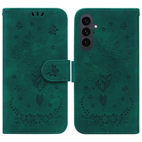 Funda de cuero con relieve de mariposa y rosa para Samsung Galaxy S25 FE 5G (verde)