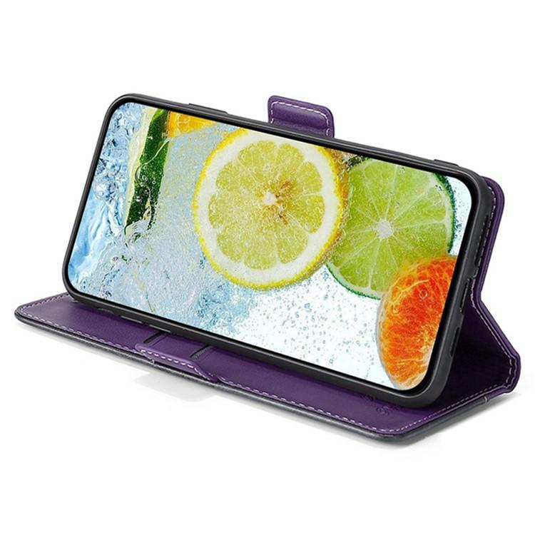 Funda de cuero con hebilla lateral en contraste para Samsung Galaxy A36 5G (morado y rojo rosa)