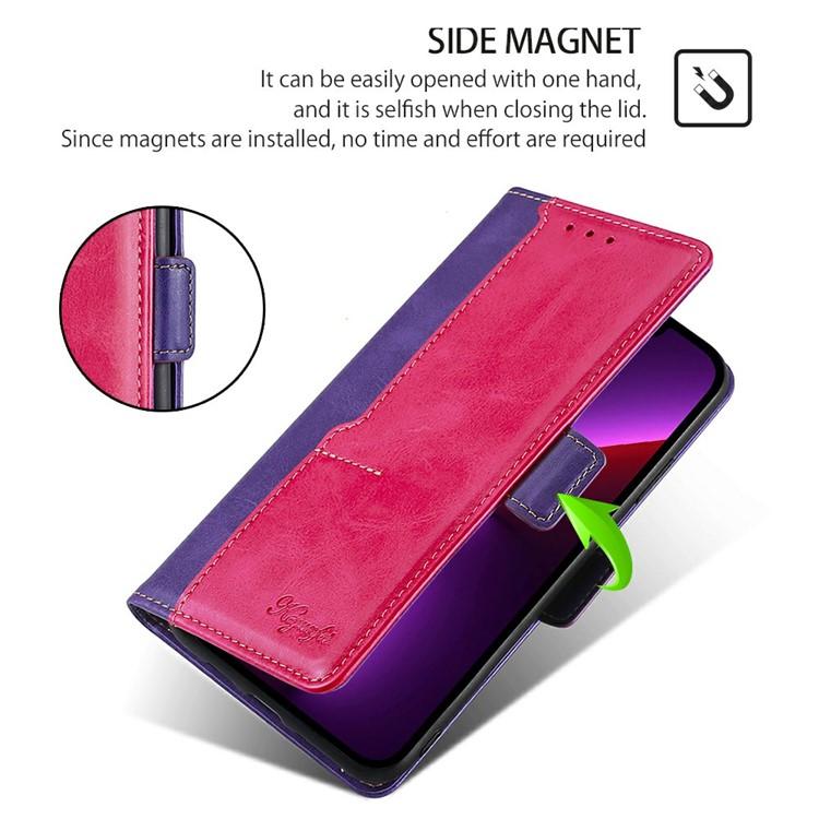 Funda de cuero con hebilla lateral en contraste para Samsung Galaxy A36 5G (morado y rojo rosa)