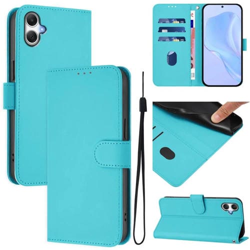 Funda de piel con textura de color liso y cordón para Samsung Galaxy A07 4G (azul lago)