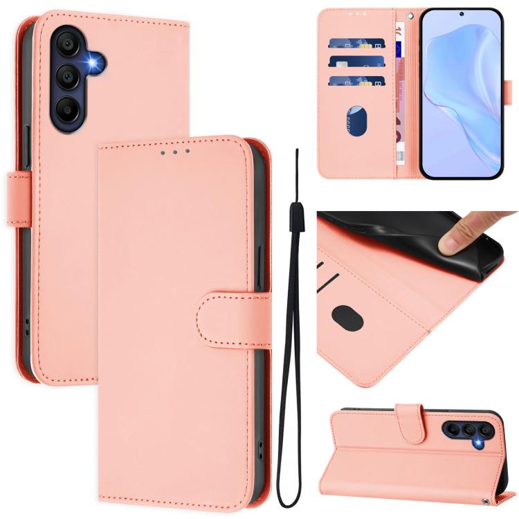 Funda de piel con textura de color liso y cordón para Samsung Galaxy A17 5G (rosa)