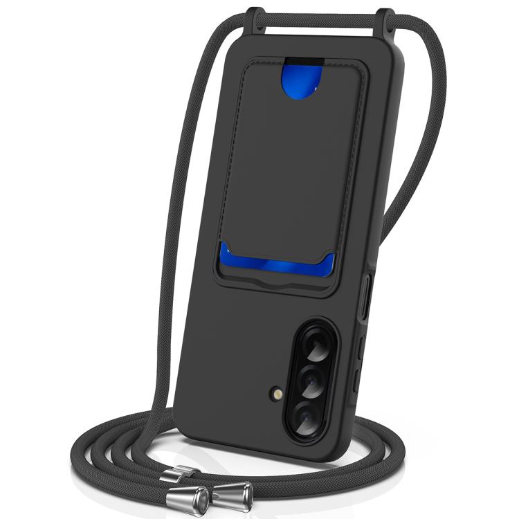 Funda de silicona líquida con cordón para Samsung Galaxy A17 5G, color sólido, con tarjetero integrado (negro)