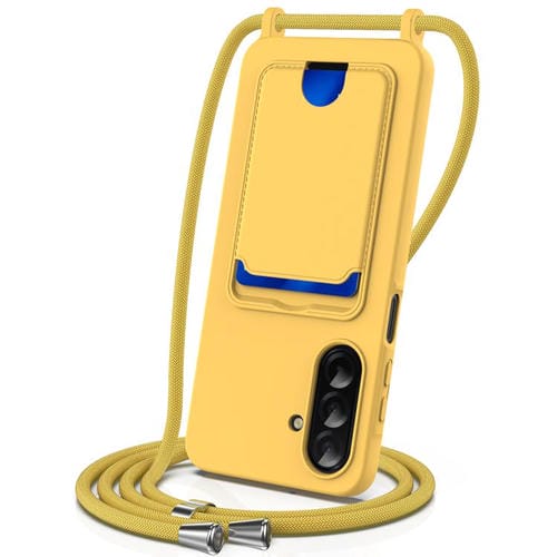 Funda de silicona líquida con cordón para Samsung Galaxy A17 5G, color sólido, con tarjetero integrado (amarilla)