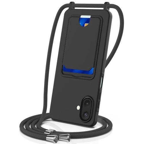 Funda de silicona líquida con cordón para Samsung Galaxy A07 5G, color sólido, con tarjetero integrado (negro)