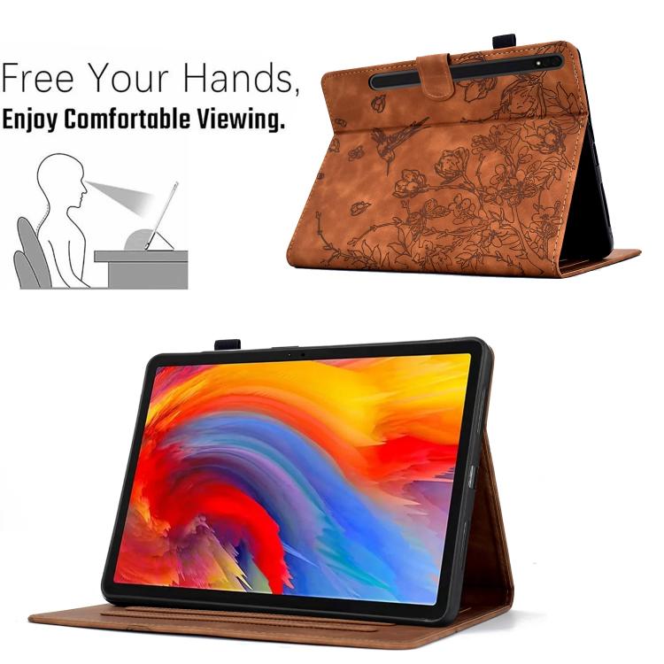 Funda de cuero inteligente con estampado de flores y pájaros para Samsung Galaxy Tab S10 FE+ (marrón)
