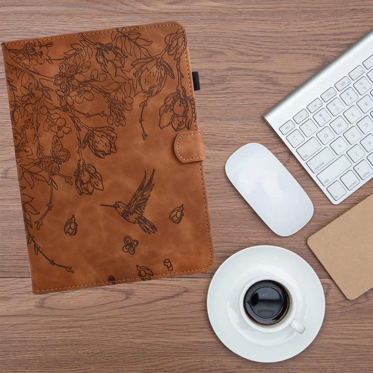 Funda de cuero inteligente con estampado de flores y pájaros para Samsung Galaxy Tab S10 FE+ (marrón)