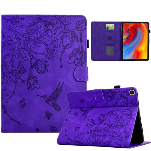 Funda de Piel para Tablet Samsung Galaxy Tab A7 Lite T220 con Estampado de Flores y Pájaros (Morado)