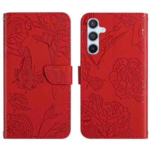Funda de piel con tapa y diseño de mariposas en relieve para Samsung Galaxy S25 FE 5G (roja)