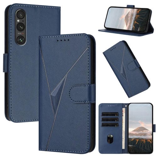 Estuche de Cuero Sony Xperia 1 V con Hebilla y Diseño Triángulos (Azul Real)