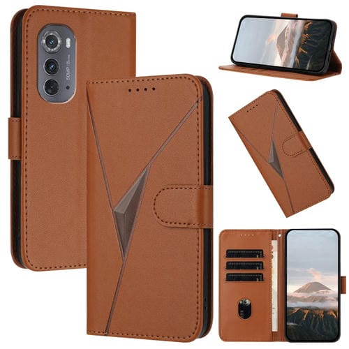 Funda de Cuero Motorola Edge 2022 con Cierre de Hebilla y Diseño Triangular (Marrón)