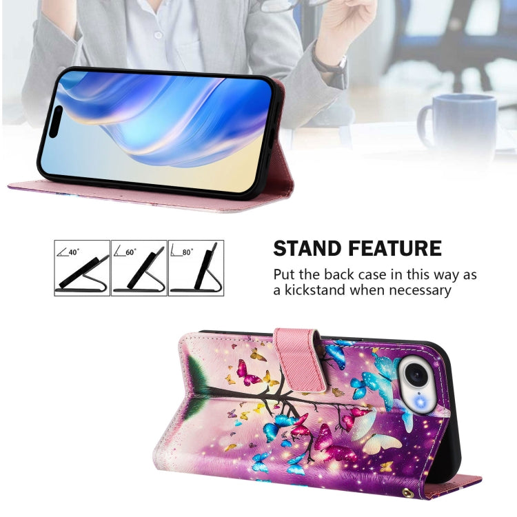 Funda de Cuero iPhone 16E Patrón Dibujo Artístico Rama de Mariposa (Color)