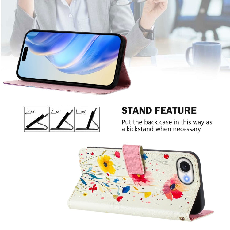Funda de Cuero para iPhone 16E Diseño de Dibujos Artísticos Flores y Plantas (Color)