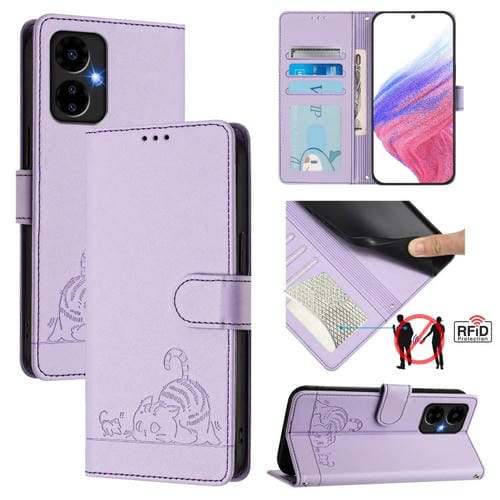 Funda de Cuero Rfid para Boost Mobile Celero 5G (2024) con Relieve de Gato y Rata y Cordón (Morado)