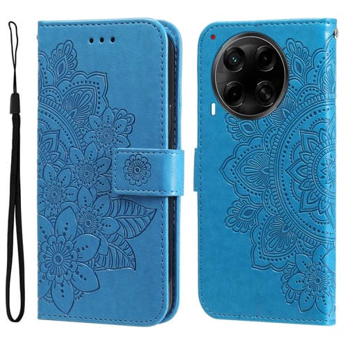 Funda de Cuero con Relieve Flores Siete Pétalos para Tecno Camon 30S y Camon 30S Pro (Azul)