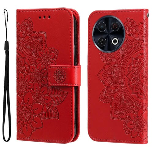 Funda de Cuero para Tecno Spark 30 Pro 4G con Estampado de Flores de Siete Pétalos (Rojo)