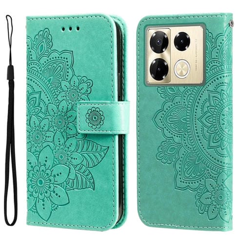 Funda de Cuero con Relieve de Flores de Siete Pétalos para Infinix Note 40 Pro 4G/5G/Pro+ (Verde)