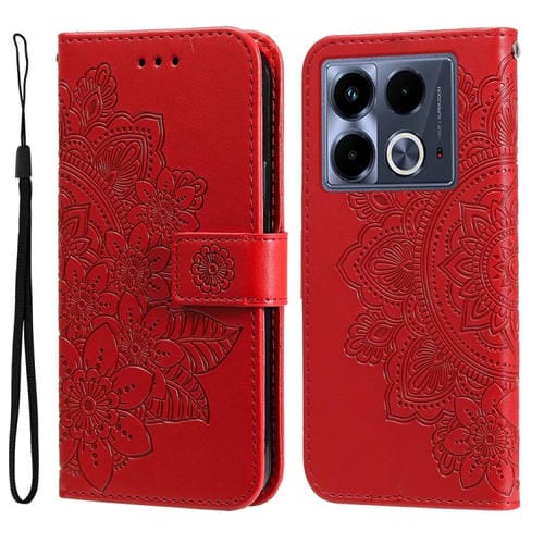 Funda de Cuero con Relieve Flores Siete Pétalos para Infinix Note 40 4G (Rojo)