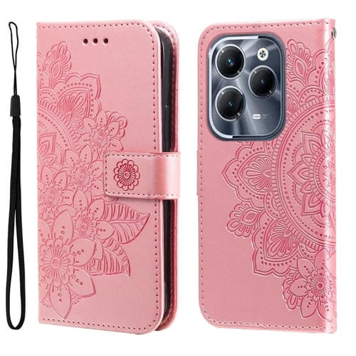 Funda de Cuero con Relieve Flores de Siete Pétalos para Infinix Hot 40 y Hot 40 Pro (Oro Rosa)