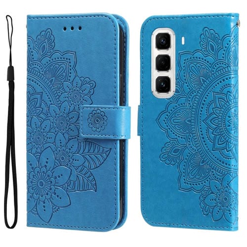 Funda de Cuero con Relieve Flores Siete Pétalos para Infinix Hot 50 Pro+ 4G (Azul)