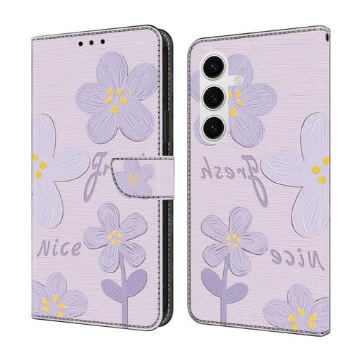 Funda de Cuero Samsung Galaxy A55 5G Pintada a Mano con Pequeñas Flores (Lilas)