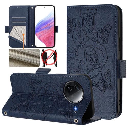 Funda de Cuero Antirrobo con Rfid para Redmi K80 5G/K80 Pro 5G con Relieve En Rosa (Azul Oscuro)