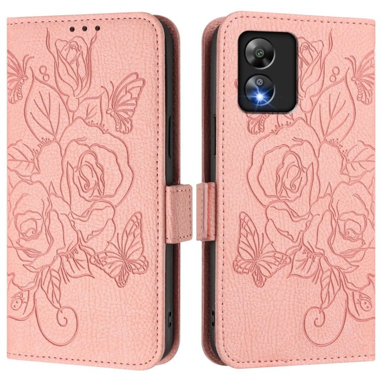 Funda de Cuero Antirrobo RFID con Relieve para Boost Mobile Celero 5G SC (Rosa)
