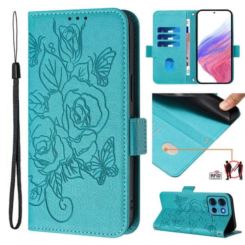 Funda de Cuero Antirrobo RFID con Relieve para Motorola Moto G75 (Azul Claro)