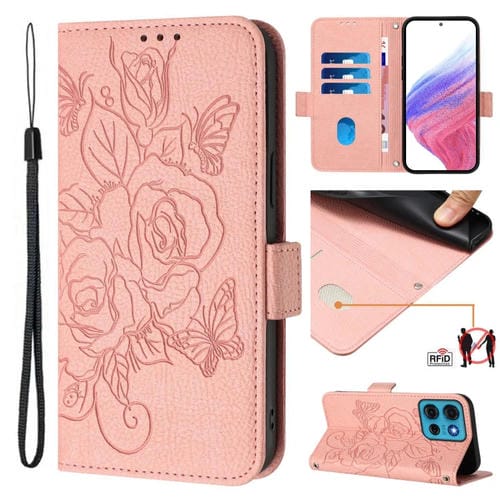 Funda de Cuero Antirrobo RFID con Relieve para Motorola Moto G75 (Rosa)