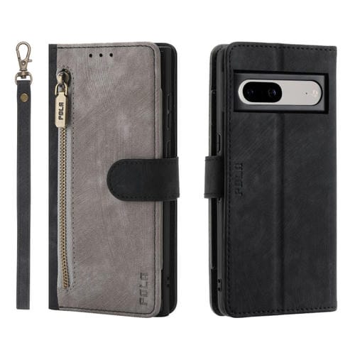 Funda de Cuero Rfid con Cremallera para Google Pixel 7 Pola (Gris y Negro)