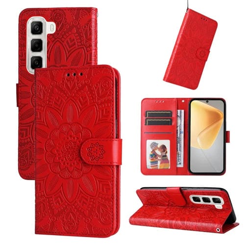 Funda de Cuero con Estampado de Girasoles en Relieve para Infinix Hot 50 4G (Rojo)