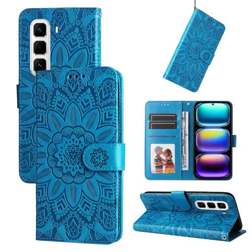 Funda de Cuero con Estampado de Girasoles en Relieve para Infinix Hot 50 Pro+ 4G (Azul)