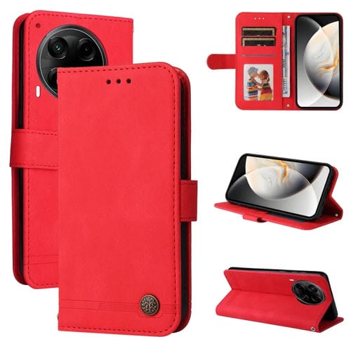 Funda de Cuero para Tecno Camon 30S y Camon 30S Pro con Botones de Metal y Diseño Árbol de la Vida (Rojo)