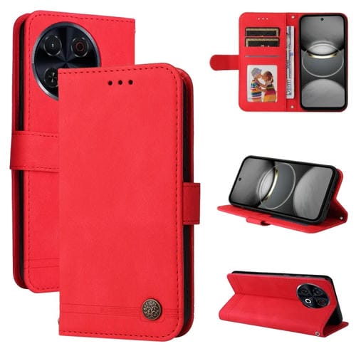 Funda de Cuero para Tecno Spark 30 Pro 4G con Botones de Metal y Diseño Árbol de la Vida (Rojo)