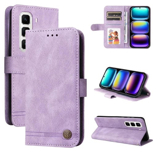 Funda de Cuero con Botones de Metal y Diseño Árbol de la Vida para Infinix Hot 50 Pro+ 4G (Morado)