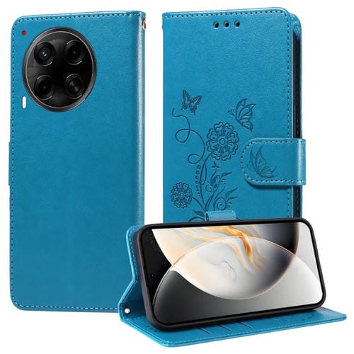 Funda de Cuero para Tecno Camon 30S y Camon 30S Pro con Diseño de Mariposas y Flores en Relieve (Azul)