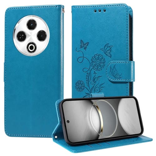 Funda de Cuero para Tecno Spark 30 4G con Diseño de Mariposas y Flores en Relieve (Azul)