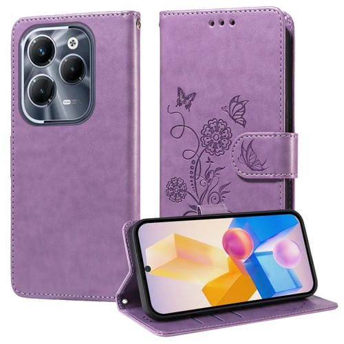 Funda de Cuero con Diseño de Mariposas y Flores en Relieve para Infinix Hot 40 y Hot 40 Pro (Morado)