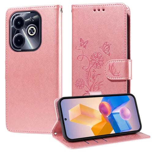 Funda de Cuero para Infinix Hot 40I con Diseño de Mariposas y Flores en Relieve (Oro Rosa)