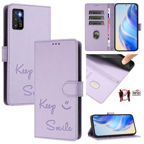 Funda de Cuero Rfid para Cubot P50 con Relieve Sonriente (Morado Claro)