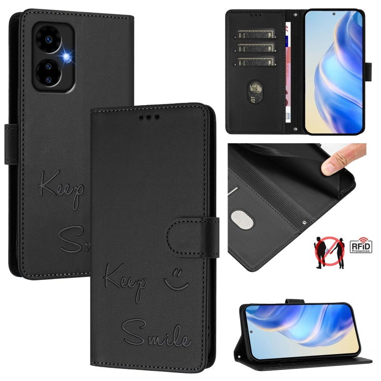 Funda de Cuero Rfid con Relieve Sonriente para Boost Mobile Celero 5G (2024) (Negra)