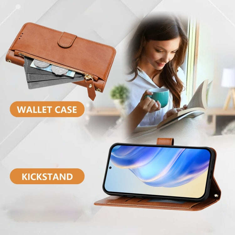 Funda de Cuero con Cremallera y Ranuras para Tarjetas para Cubot P50 (Marrón)