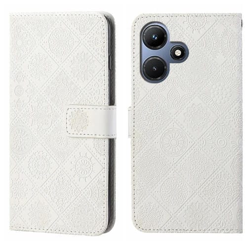 Funda de Cuero con Patrón En Relieve Estilo Étnico para Infinix Hot 30I (Blanca)
