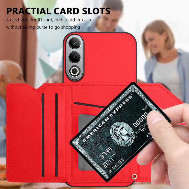 Funda para OnePlus Nord Ce4 con 4 Ranuras para Tarjetas y Correa para Muñeca (Rojo)