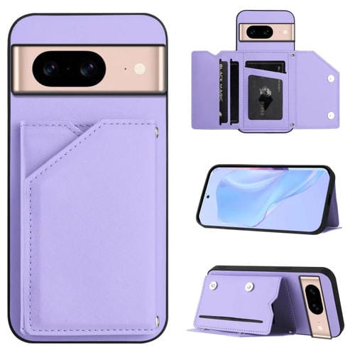 Funda para Teléfono Google Pixel 8A Skin Feel con 4 Ranuras para Tarjetas y Correa para Muñeca (Morado)