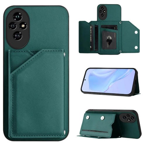 Funda para Honor 200 Pro Skin Feel con 4 Ranuras para Tarjetas y Correa para Muñeca (Verde)